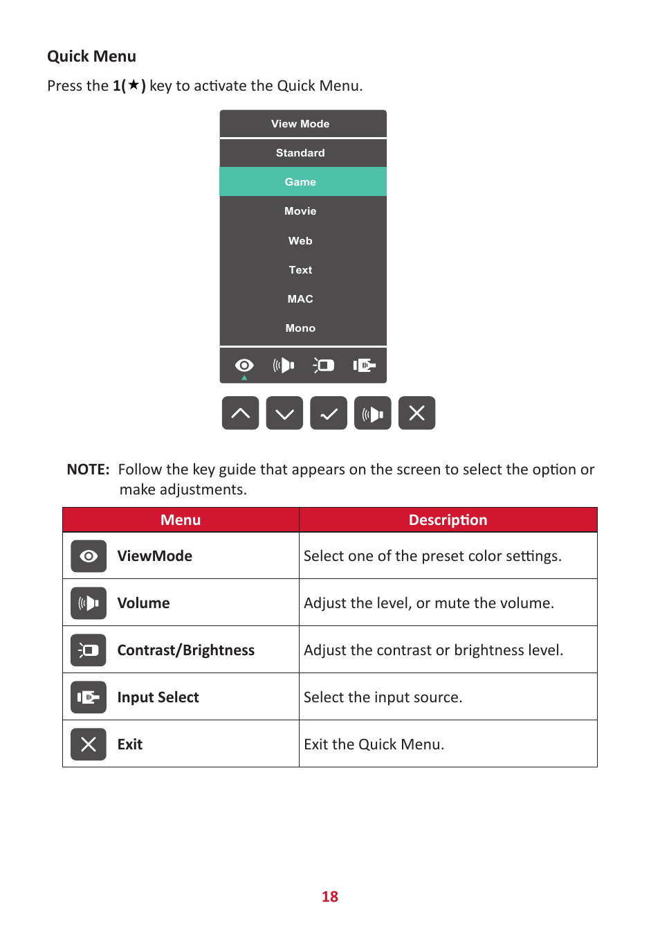 Quick menu | VIEWSONIC VA3209M 31.5" Monitor User Manual | Page 18 / 49