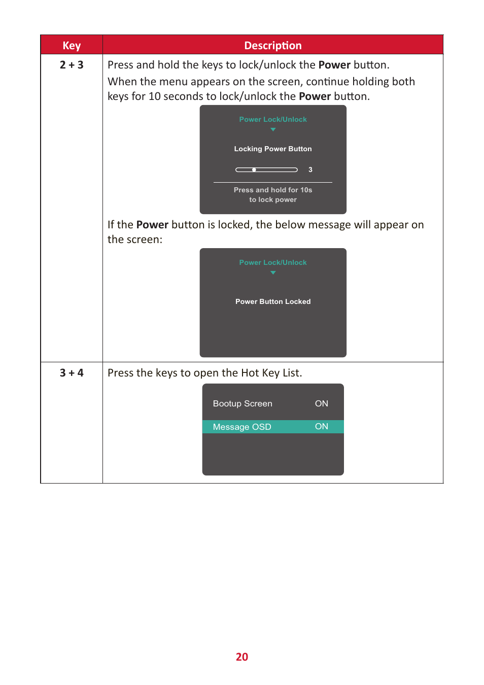 3 + 4 press the keys to open the hot key list | VIEWSONIC VA3209M 31.5" Monitor User Manual | Page 20 / 49