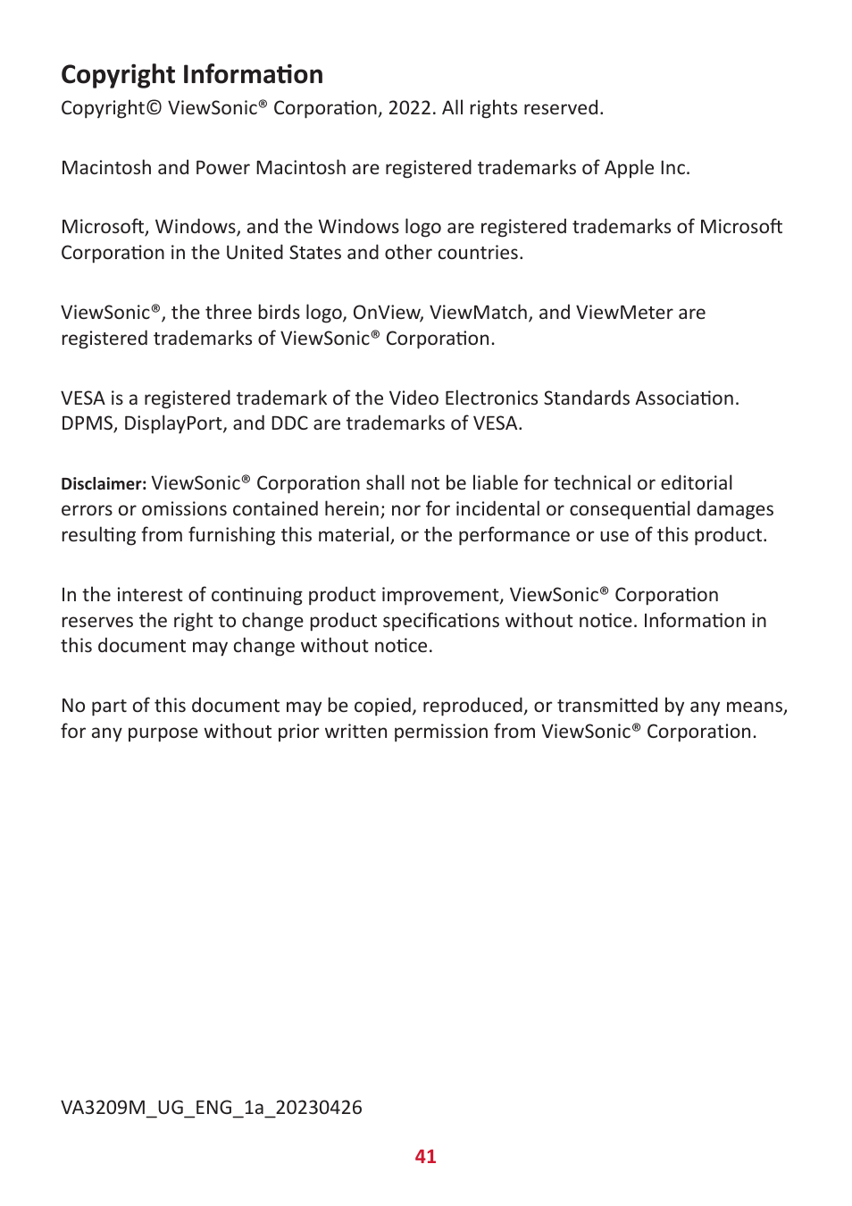 Copyright information | VIEWSONIC VA3209M 31.5" Monitor User Manual | Page 41 / 49