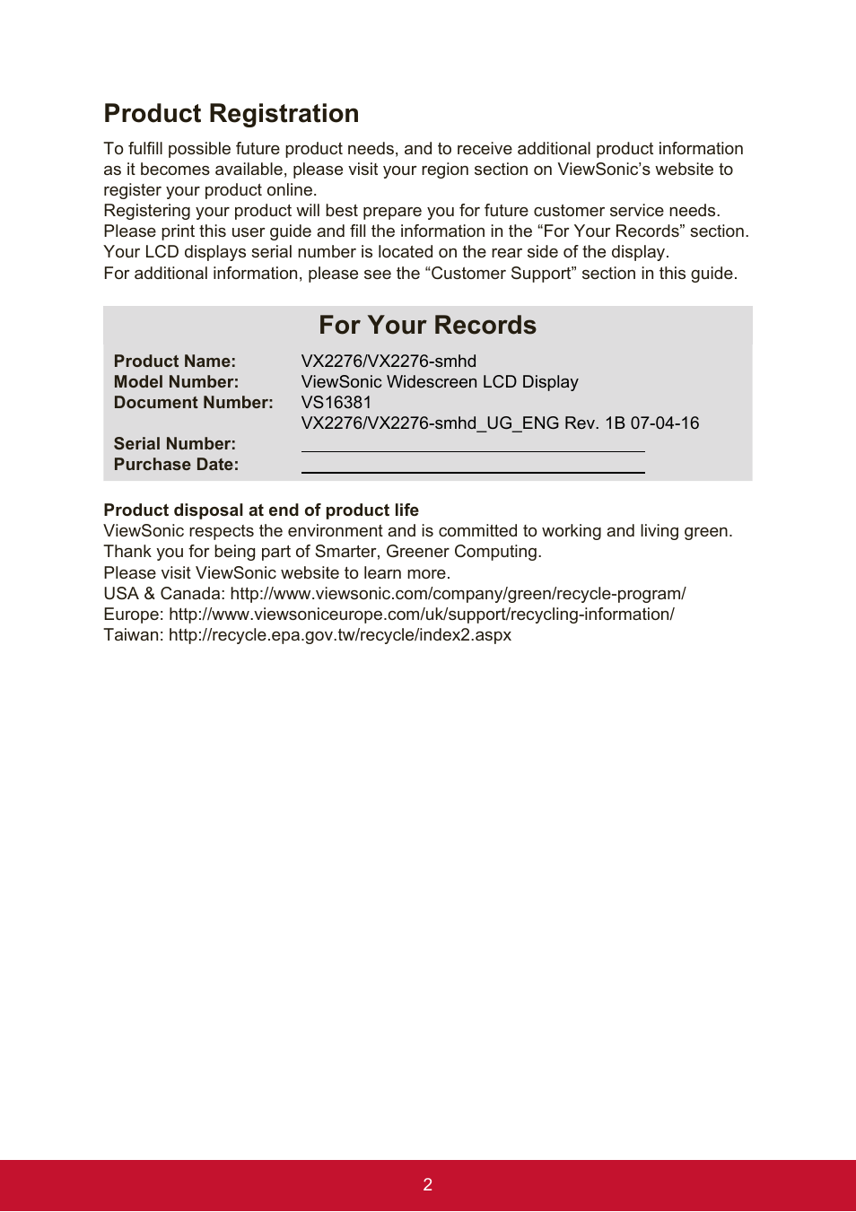 Product registration, For your records | VIEWSONIC VX2276SMHD 21.5" 16:9 IPS Monitor User Manual | Page 10 / 24