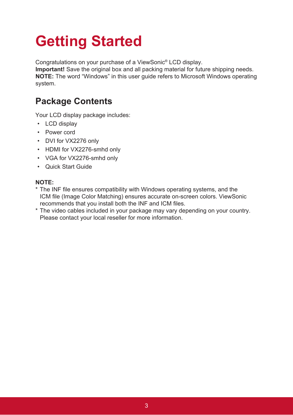 Getting started, Package contents | VIEWSONIC VX2276SMHD 21.5" 16:9 IPS Monitor User Manual | Page 11 / 24