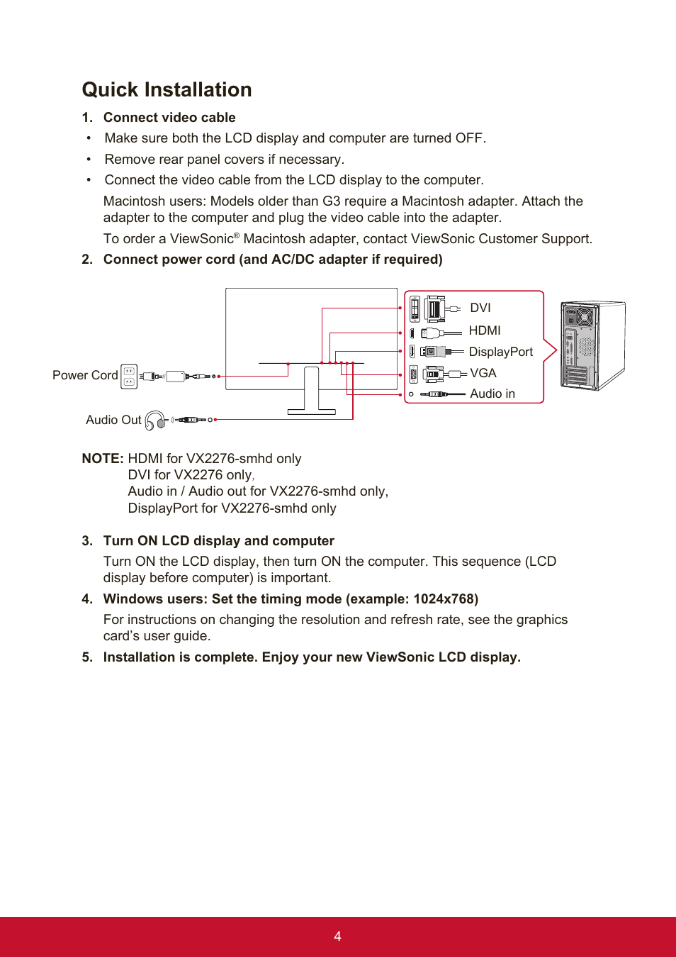 Quick installation | VIEWSONIC VX2276SMHD 21.5" 16:9 IPS Monitor User Manual | Page 12 / 24