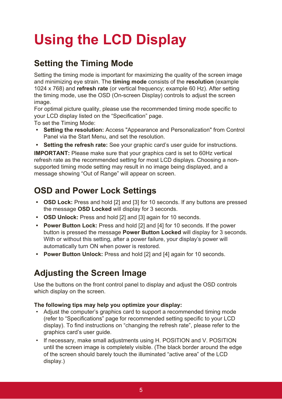 Using the lcd display, Setting the timing mode, Osd and power lock settings | Adjusting the screen image | VIEWSONIC VX2276SMHD 21.5" 16:9 IPS Monitor User Manual | Page 13 / 24