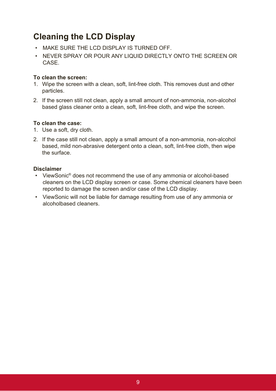 Cleaning the lcd display | VIEWSONIC VX2276SMHD 21.5" 16:9 IPS Monitor User Manual | Page 17 / 24