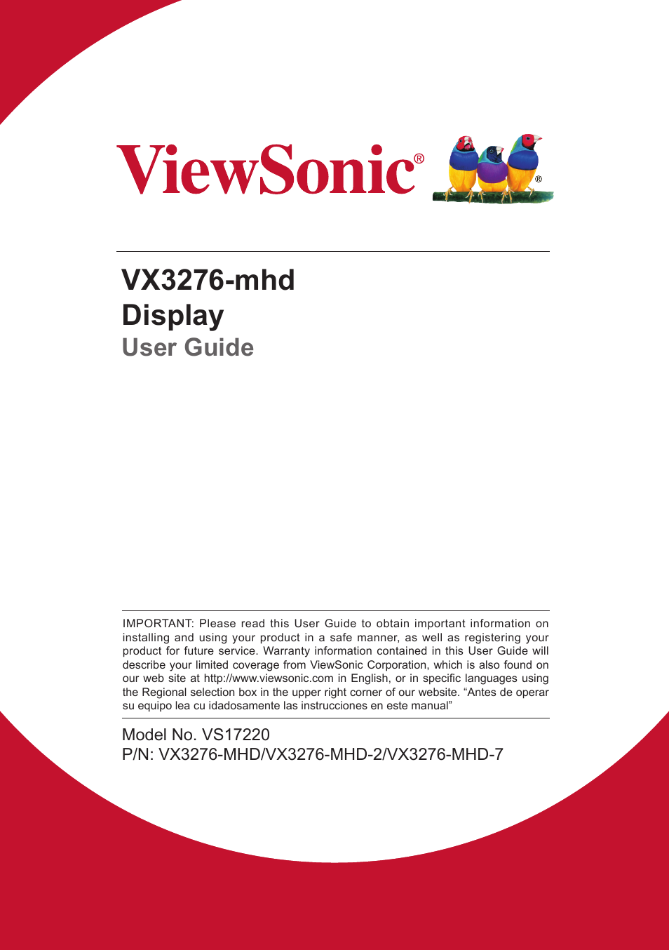 VIEWSONIC VX3276-mhd 31.5" 16:9 IPS Monitor User Manual | 55 pages