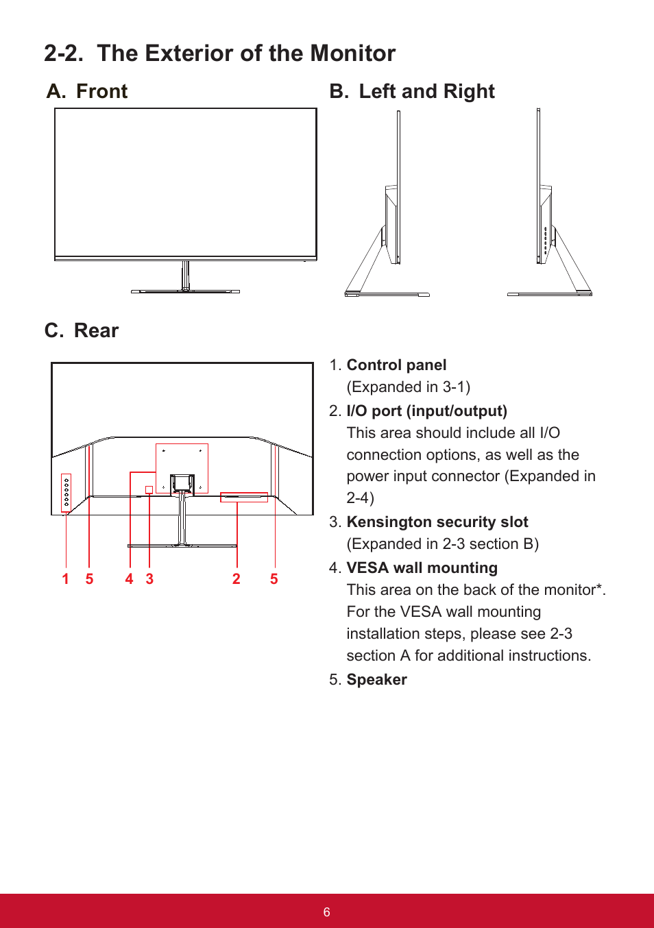 2. the exterior of the monitor, A. front b. left and right c. rear | VIEWSONIC VX3276-mhd 31.5" 16:9 IPS Monitor User Manual | Page 10 / 55