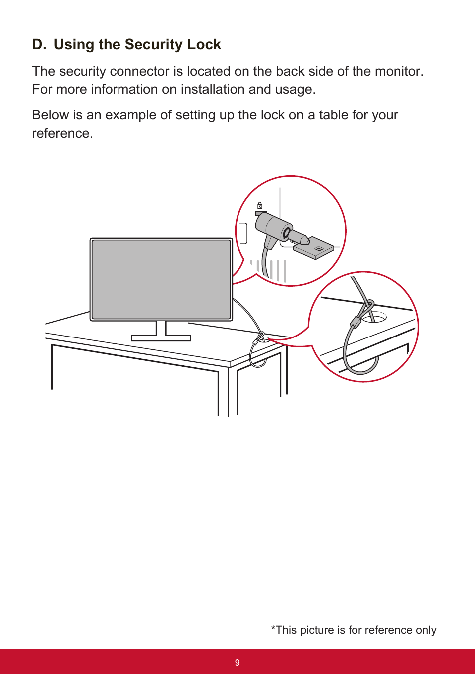 D. using the security lock | VIEWSONIC VX3276-mhd 31.5" 16:9 IPS Monitor User Manual | Page 13 / 55