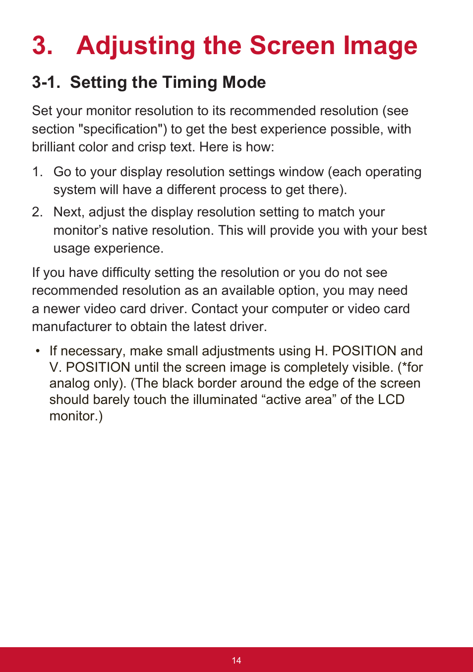 Adjusting the screen image, 1. setting the timing mode | VIEWSONIC VX3276-mhd 31.5" 16:9 IPS Monitor User Manual | Page 18 / 55