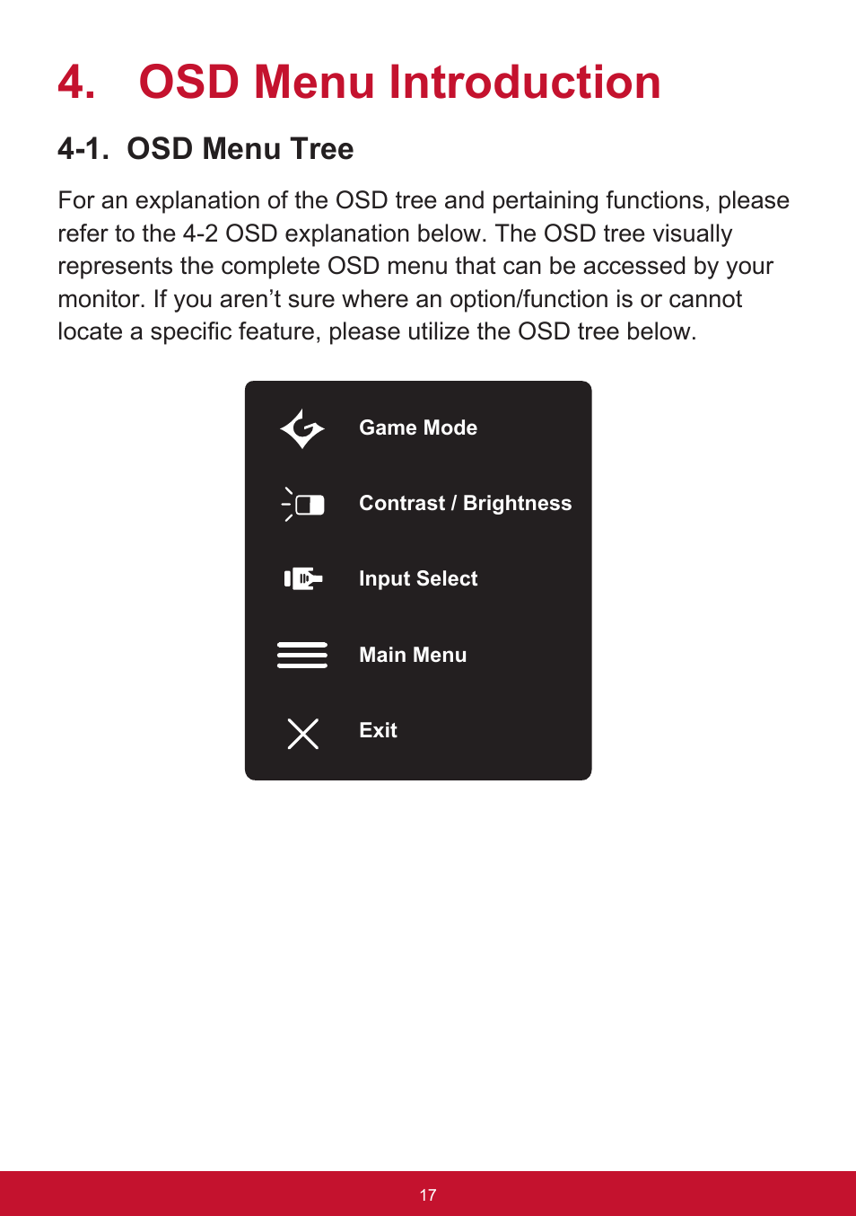 Osd menu introduction, 1. osd menu tree | VIEWSONIC VX3276-mhd 31.5" 16:9 IPS Monitor User Manual | Page 21 / 55