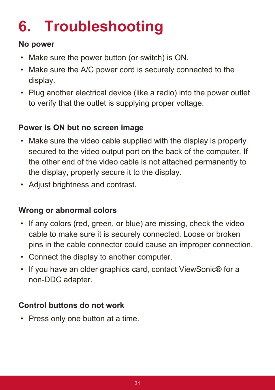 Troubleshooting | VIEWSONIC VX3276-mhd 31.5" 16:9 IPS Monitor User Manual | Page 35 / 55