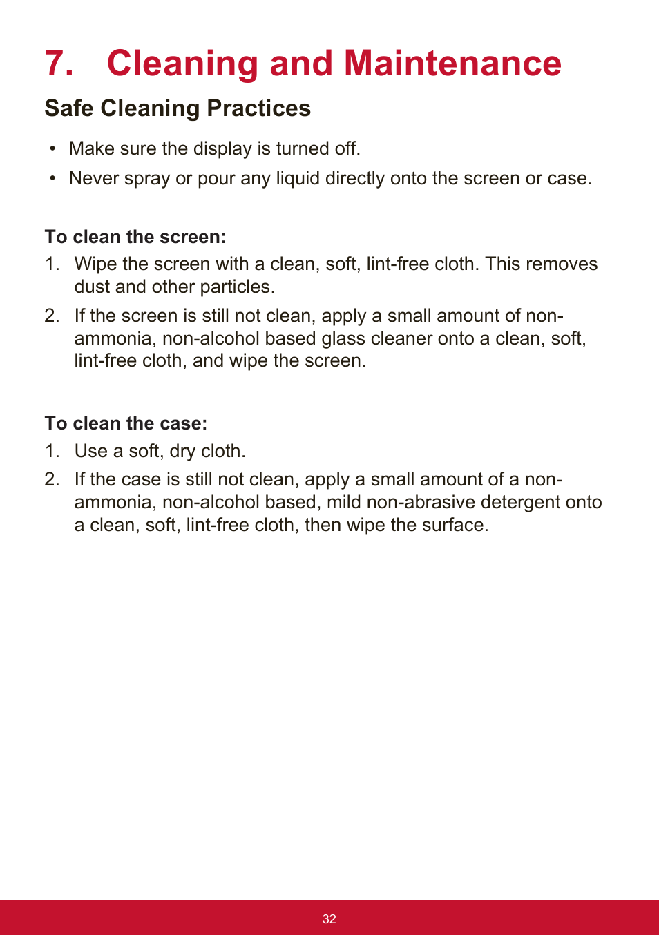 Cleaning and maintenance, Safe cleaning practices | VIEWSONIC VX3276-mhd 31.5" 16:9 IPS Monitor User Manual | Page 36 / 55