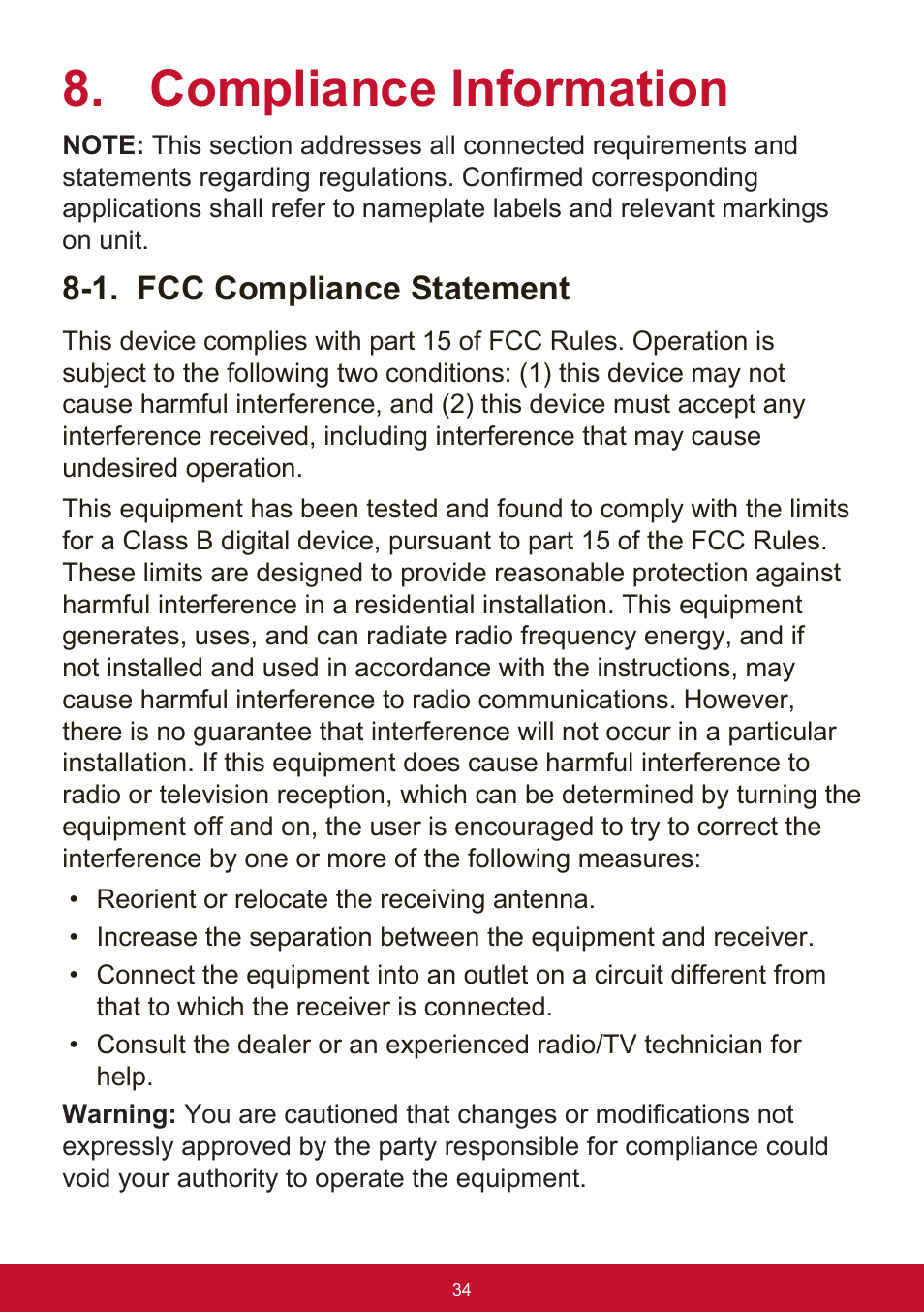 Compliance information, 1. fcc compliance statement | VIEWSONIC VX3276-mhd 31.5" 16:9 IPS Monitor User Manual | Page 38 / 55