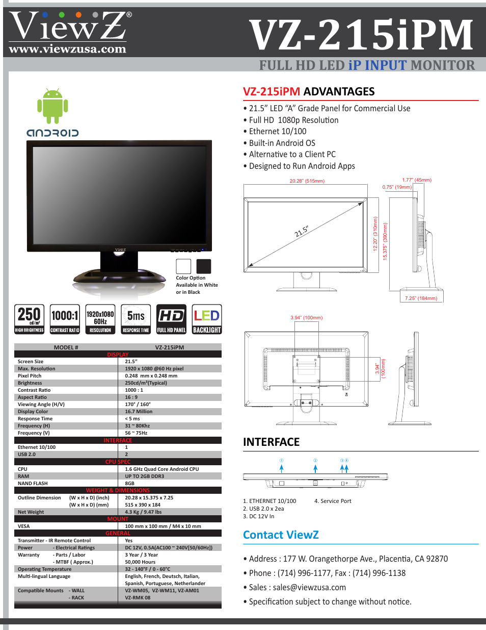 ViewZ VZ-215IPM 21.5" LED-Backlit Flat-Panel Widescreen Commercial-Grade Monitor (Black) User Manual | 1 page