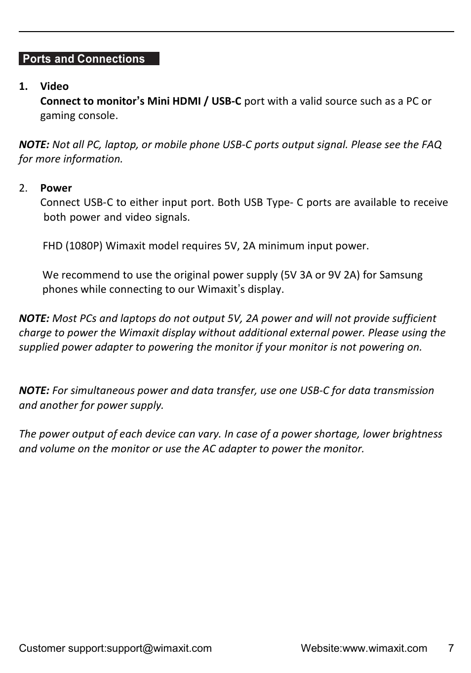 Ports and connections | Wimaxit M1331CV2 13.3" HDR Portable Monitor User Manual | Page 7 / 14