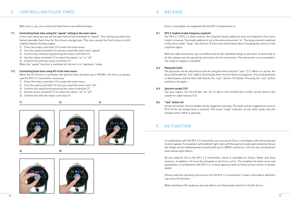 Controlling flash times, Release, Hs function | Broncolor Siros 800 L Battery-Powered Monolight User Manual | Page 11 / 17