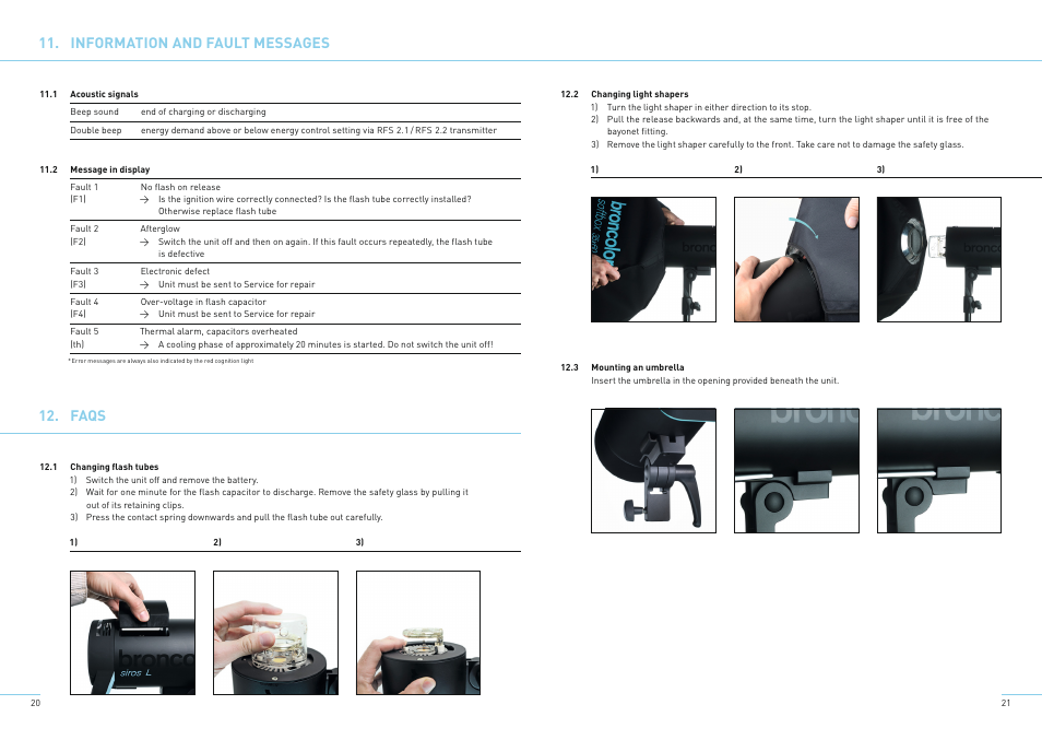 Information and fault messages, Faqs | Broncolor Siros 800 L Battery-Powered Monolight User Manual | Page 13 / 17