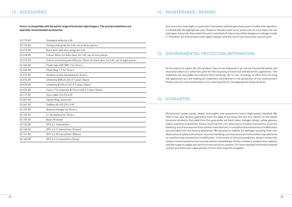 Accessories, Maintenance / repairs, Environmental protection information | Guarantee | Broncolor Siros 800 L Battery-Powered Monolight User Manual | Page 14 / 17