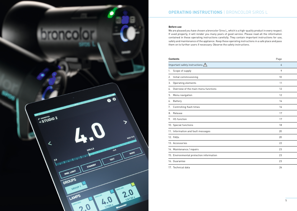Operating instructions | broncolor siros l | Broncolor Siros 800 L Battery-Powered Monolight User Manual | Page 5 / 17