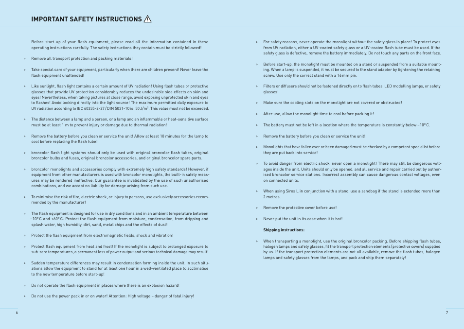 Important safety instructions | Broncolor Siros 800 L Battery-Powered Monolight User Manual | Page 6 / 17