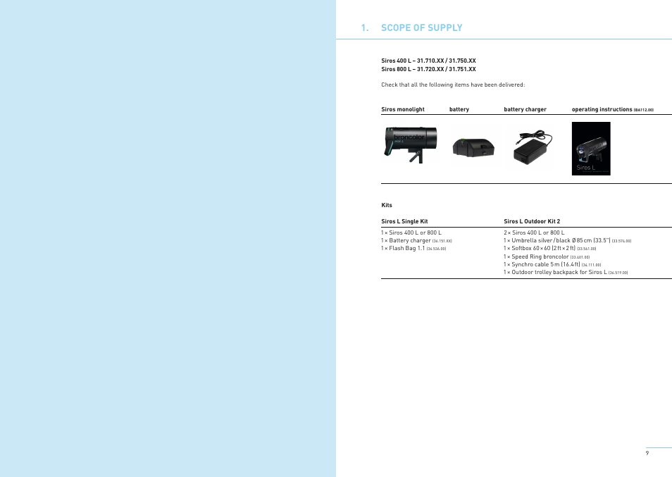 Scope of supply | Broncolor Siros 800 L Battery-Powered Monolight User Manual | Page 7 / 17