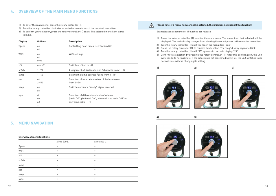 Overview of the main menu functions, Menu navigation | Broncolor Siros 800 L Battery-Powered Monolight User Manual | Page 9 / 17