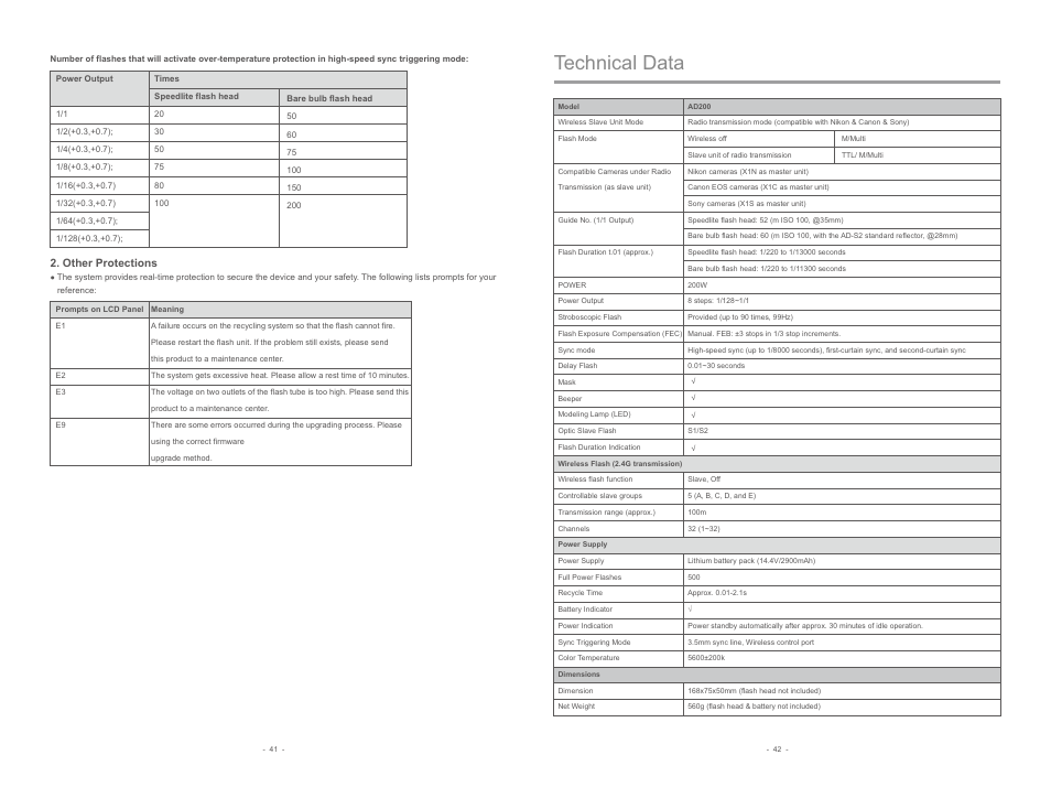 Technical data, Other protections | Godox AD200 TTL Pocket Flash with Barndoor Kit User Manual | Page 11 / 12