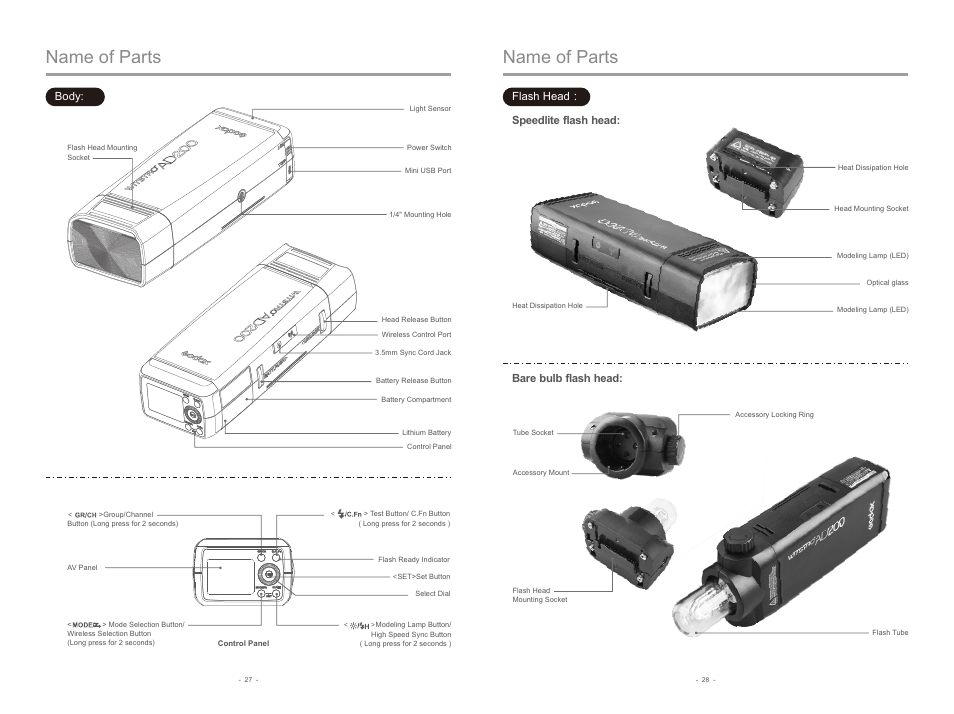 Name of parts | Godox AD200 TTL Pocket Flash with Barndoor Kit User Manual | Page 4 / 12