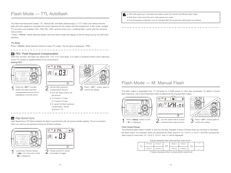 Flash mode — ttl autoflash, Flash mode — m: manual flash, Fec: flash exposure compensation | High-speed sync | Godox AD200 TTL Pocket Flash with Barndoor Kit User Manual | Page 7 / 12