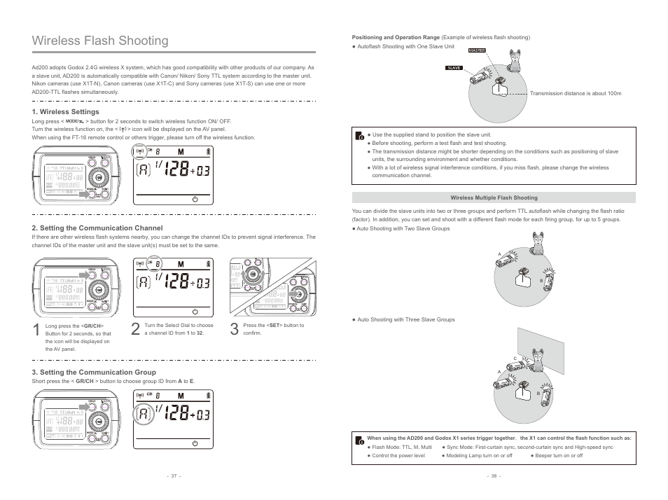 Wireless flash shooting, Wireless settings, Setting the communication channel | Setting the communication group | Godox AD200 TTL Pocket Flash with Barndoor Kit User Manual | Page 9 / 12