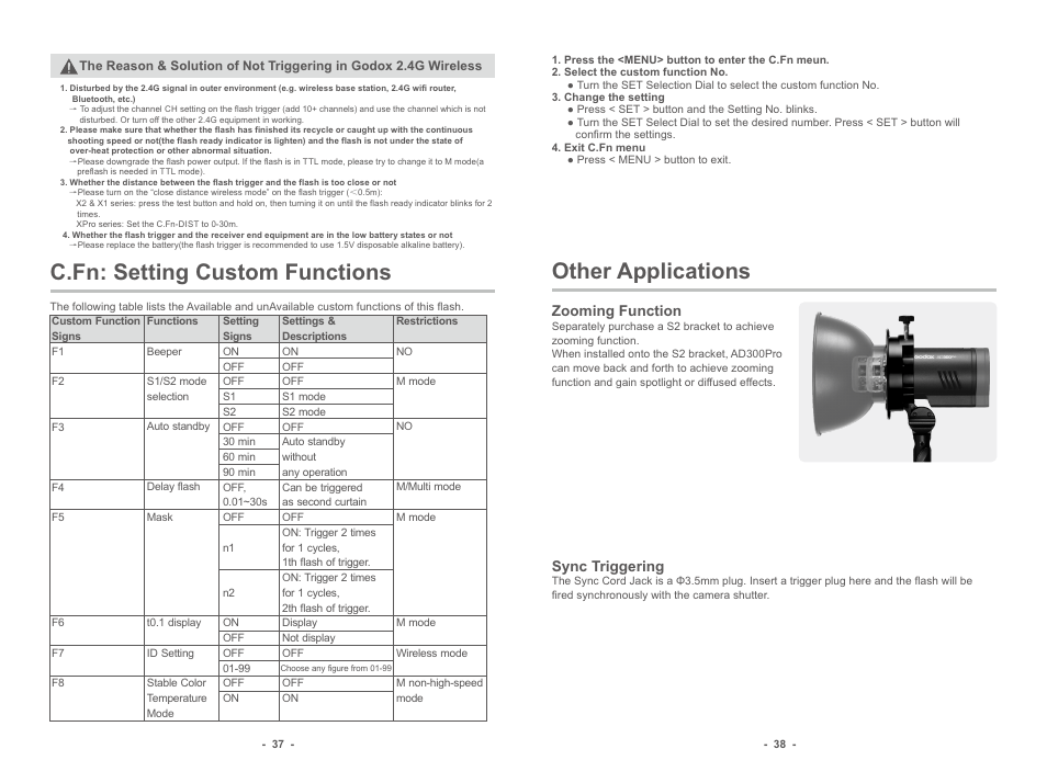 Other applications, C.fn: setting custom functions, Zooming function | Sync triggering | Godox AD300pro Outdoor Flash User Manual | Page 10 / 12