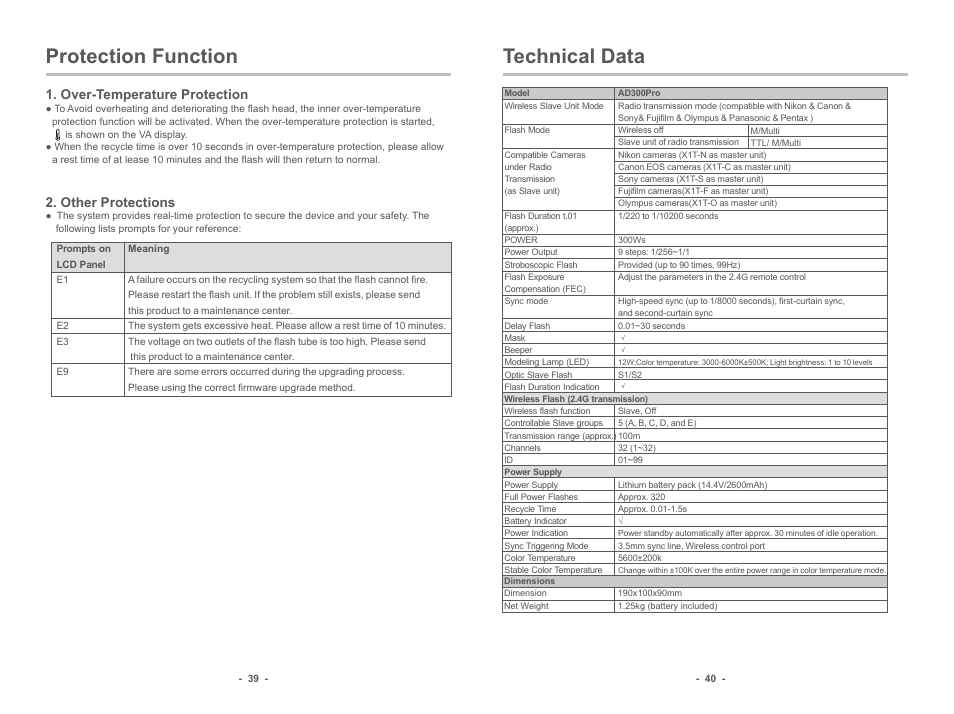 Technical data, Protection function | Godox AD300pro Outdoor Flash User Manual | Page 11 / 12