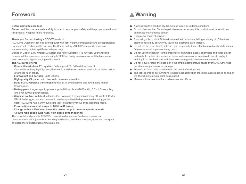 Foreword warning | Godox AD300pro Outdoor Flash User Manual | Page 2 / 12