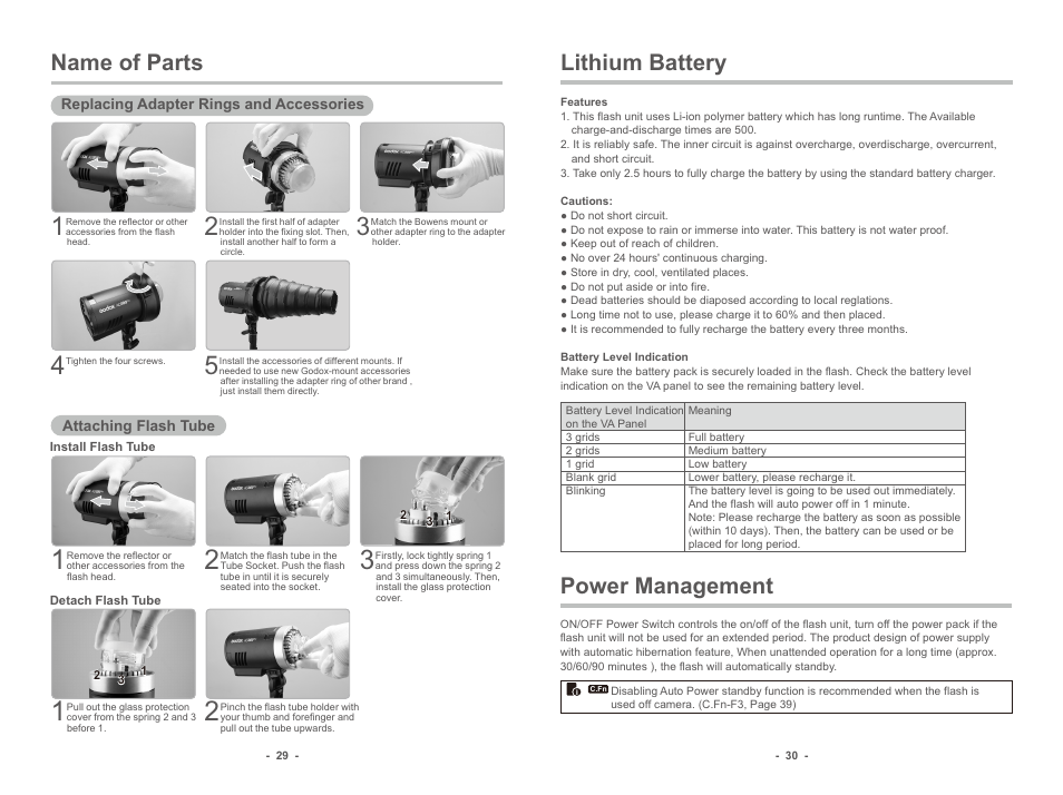 Name of parts, Lithium battery, Power management | Godox AD300pro Outdoor Flash User Manual | Page 6 / 12