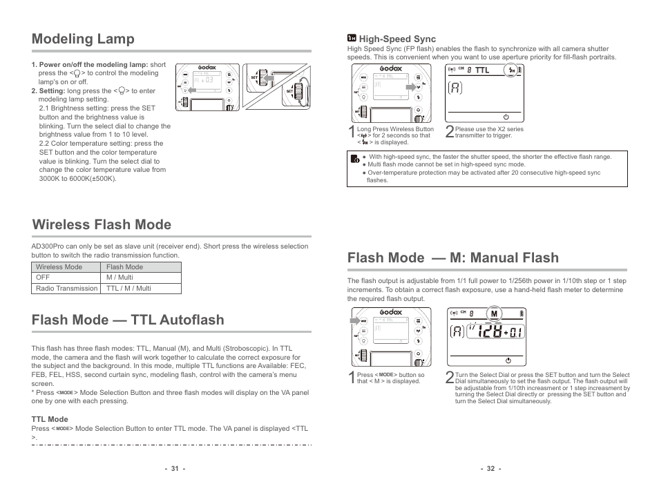 Flash mode — ttl autoflash, Flash mode — m: manual flash, Modeling lamp | Wireless flash mode | Godox AD300pro Outdoor Flash User Manual | Page 7 / 12