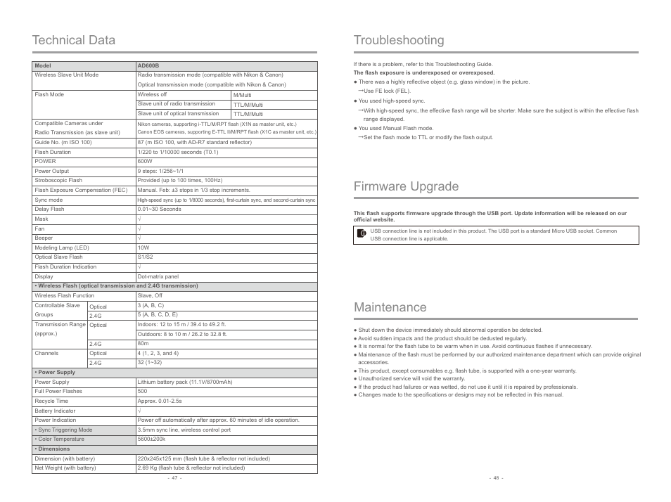 Troubleshooting, Maintenance firmware upgrade technical data | Godox AD600B Witstro TTL All-In-One Outdoor Flash User Manual | Page 13 / 13