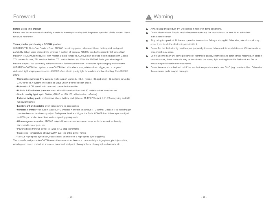 Foreword, Warning | Godox AD600B Witstro TTL All-In-One Outdoor Flash User Manual | Page 2 / 13