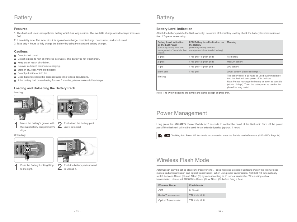 Wireless flash mode battery, Battery power management | Godox AD600B Witstro TTL All-In-One Outdoor Flash User Manual | Page 6 / 13