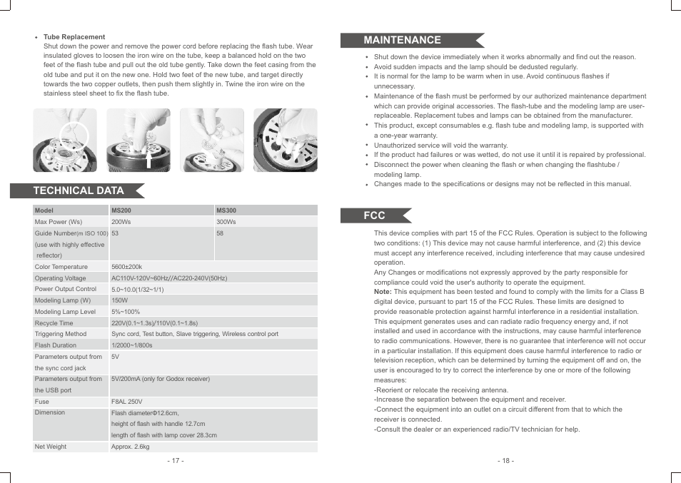 页 11, Maintenance, Technical data | Godox MS200-V Studio Flash Monolight (3-Light Kit) User Manual | Page 6 / 6