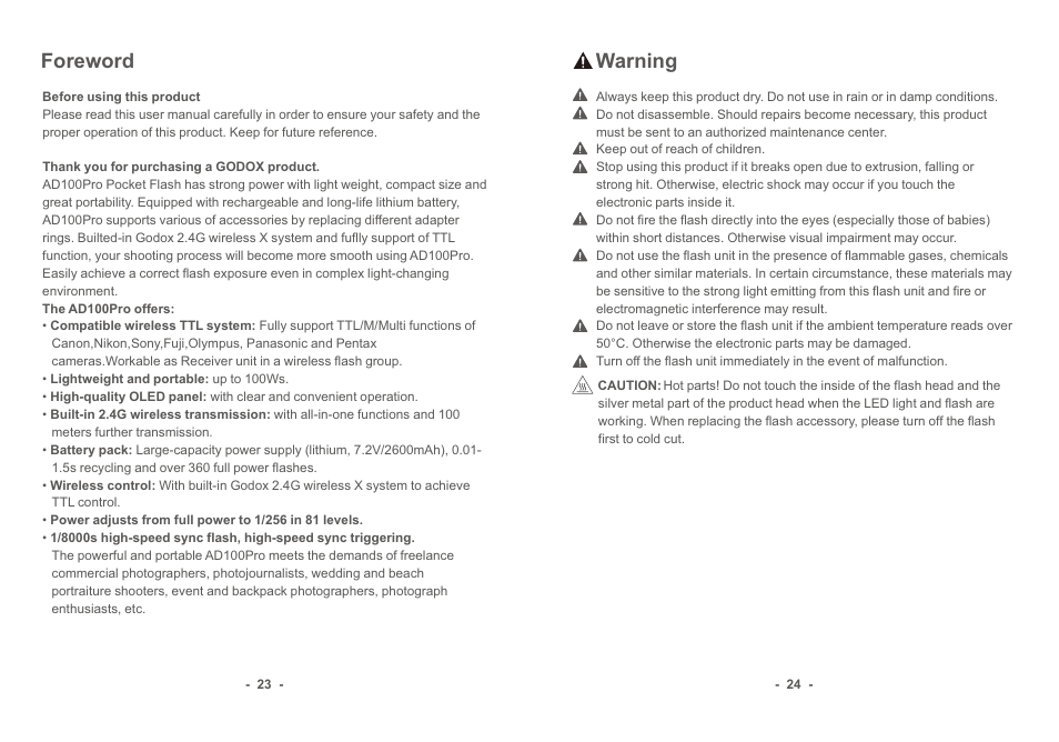 页 14, Foreword warning | Godox AD100Pro & AD300Pro 3-Light Kit User Manual | Page 13 / 24