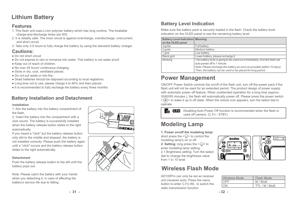 页 18, Lithium battery, Power management | Modeling lamp, Wireless flash mode, Features, Cautions, Battery level indication, Battery installation and detachment | Godox AD100Pro & AD300Pro 3-Light Kit User Manual | Page 17 / 24