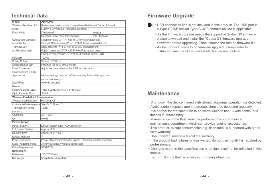 页 24, Technical data, Maintenance firmware upgrade | Godox AD100Pro & AD300Pro 3-Light Kit User Manual | Page 23 / 24