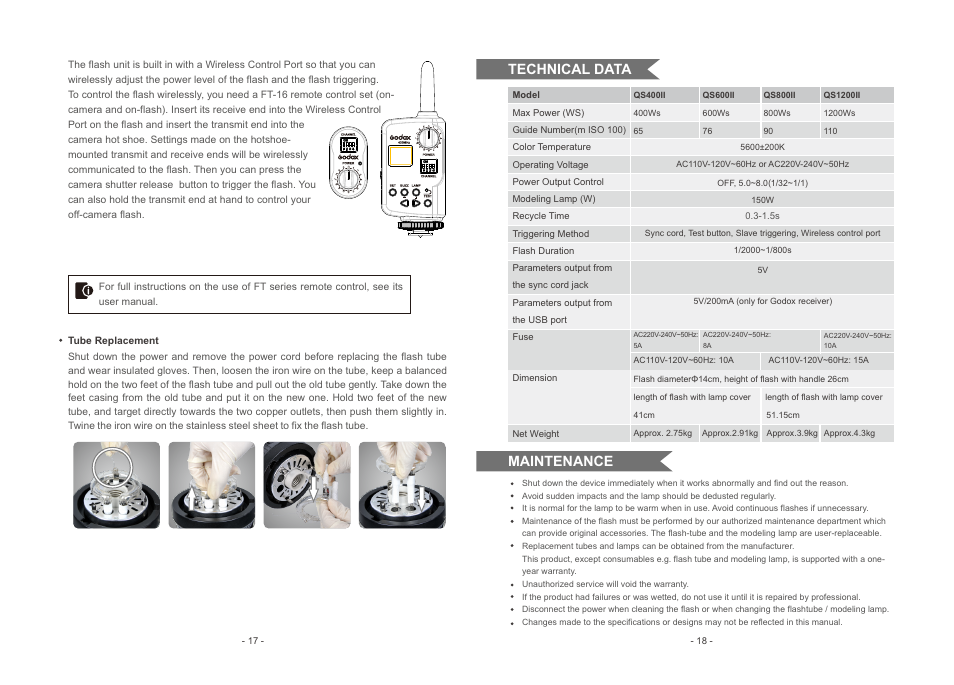 Maintenance, Technical data | Godox QS1200II Flash Head User Manual | Page 10 / 10