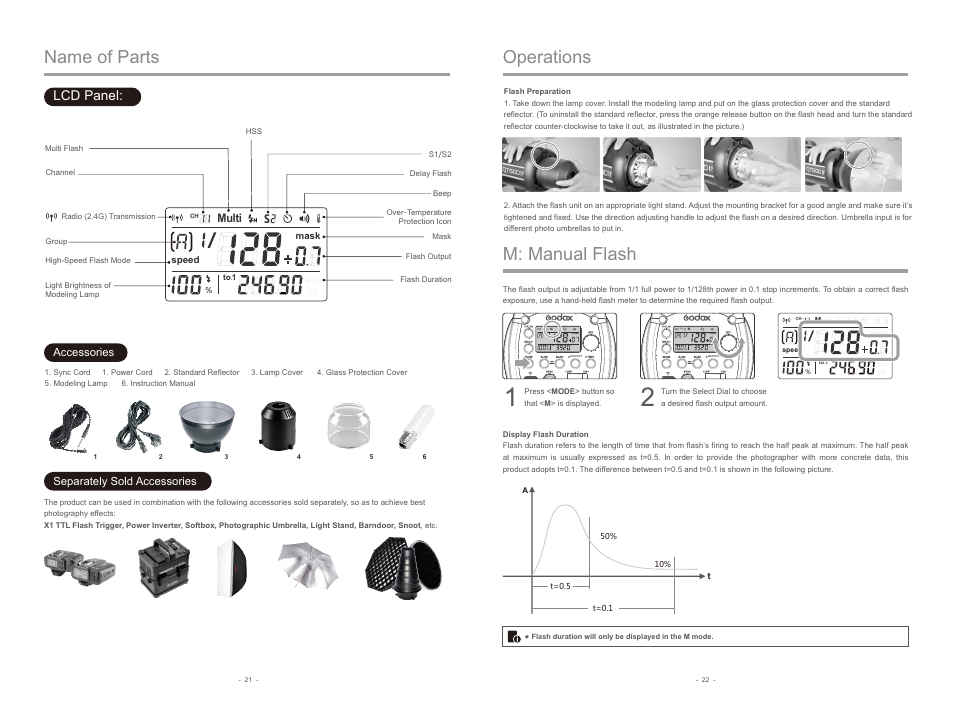Name of parts, M: manual flash, Operations | Lcd panel, Multi, Accessories, Separately sold accessories | Godox QT400IIM Flash Head User Manual | Page 5 / 9