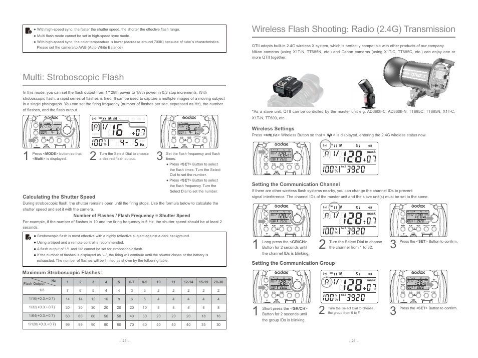 Multi: stroboscopic flash, Calculating the shutter speed, Maximum stroboscopic flashes | Setting the communication group, Wireless settings, Setting the communication channel | Godox QT400IIM Flash Head User Manual | Page 7 / 9