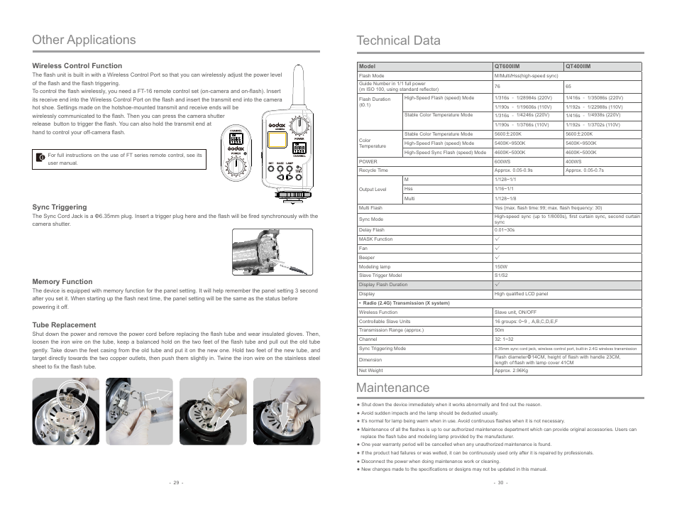 Other applications, Maintenance technical data, Tube replacement | Wireless control function, Sync triggering | Godox QT400IIM Flash Head User Manual | Page 9 / 9