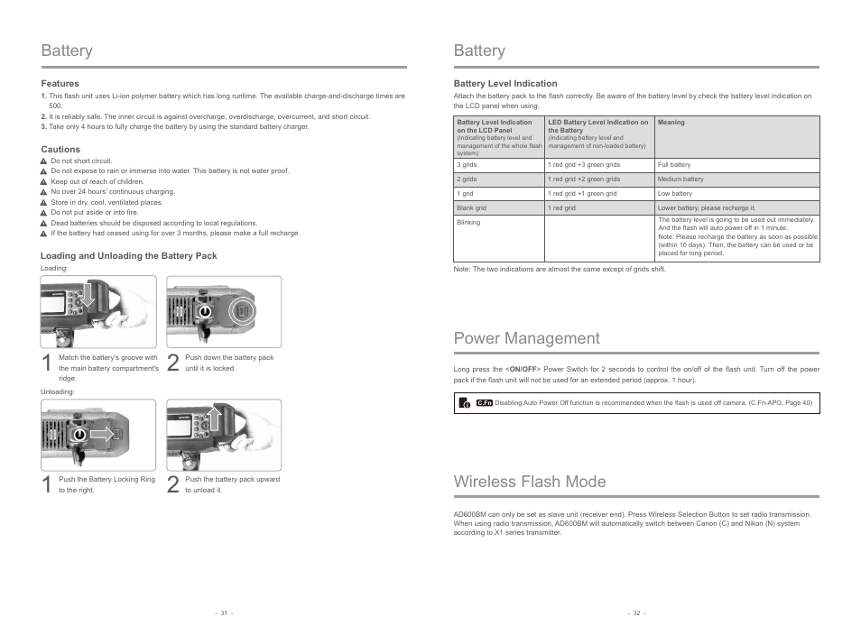 Wireless flash mode battery, Battery power management | Godox AD600BM Witstro Manual All-In-One Outdoor Flash User Manual | Page 6 / 12