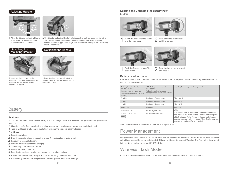 Wireless flash mode, Power management, Battery | Godox AD400Pro Witstro All-in-One Outdoor Flash User Manual | Page 6 / 13