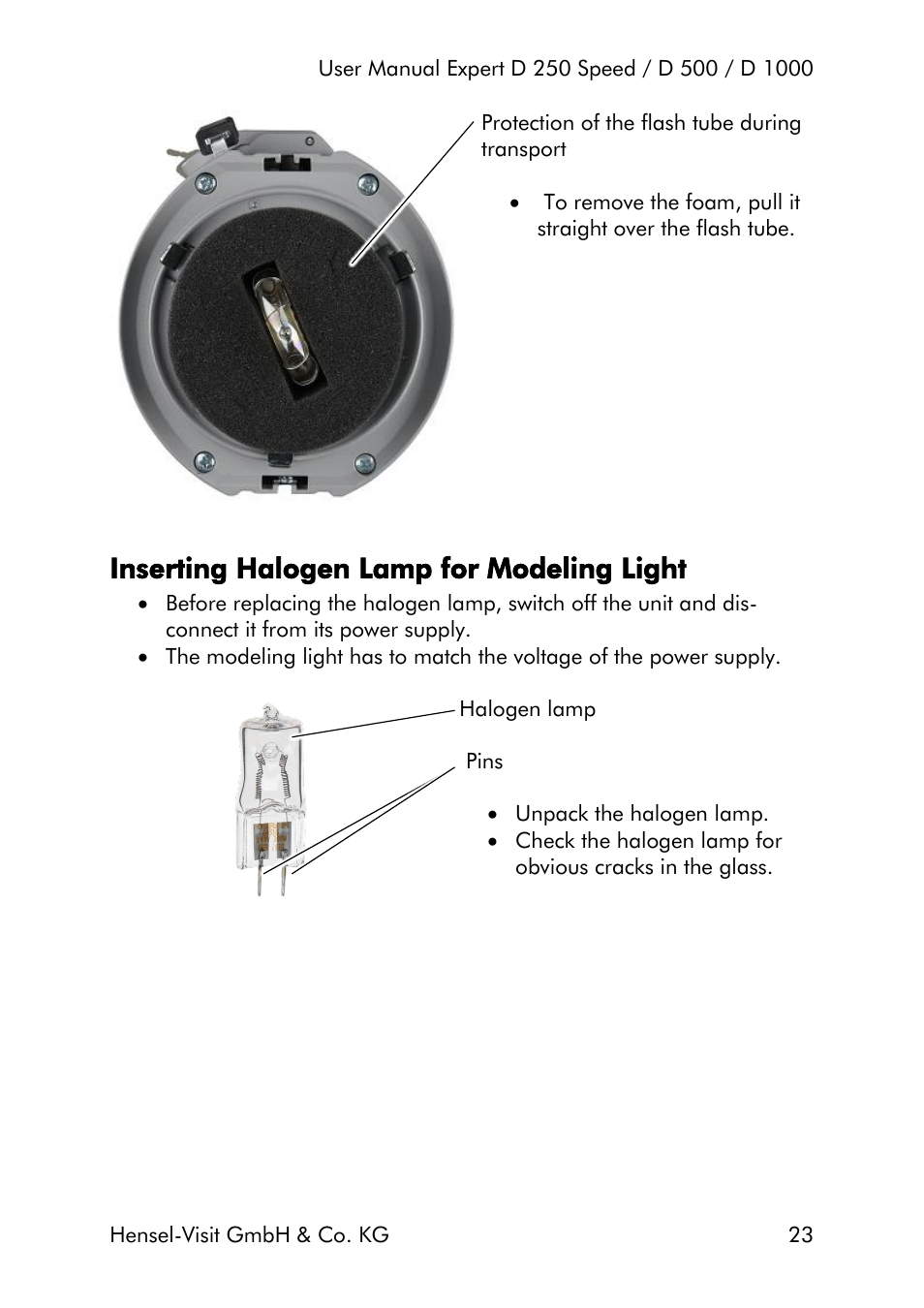 Inserting halogen lamp for modeling light | Hensel Expert D 250 SPEED Monolight User Manual | Page 23 / 96