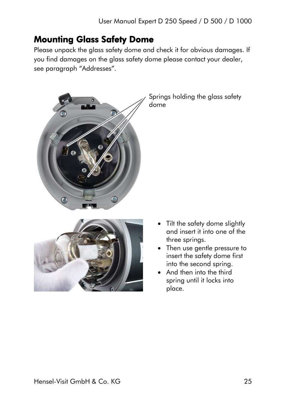 Mounting glass safety dome | Hensel Expert D 250 SPEED Monolight User Manual | Page 25 / 96