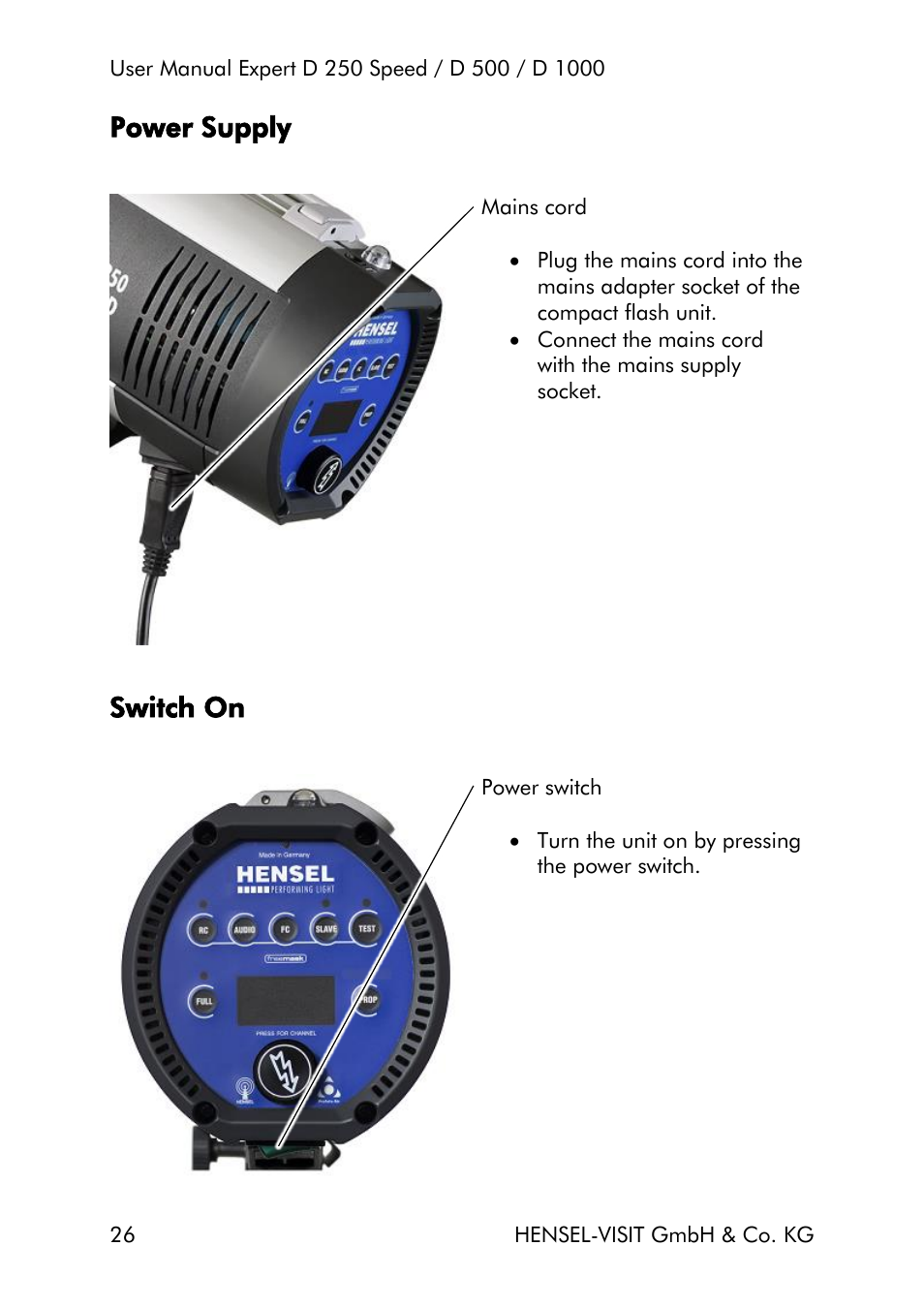 Power supply, Switch on | Hensel Expert D 250 SPEED Monolight User Manual | Page 26 / 96